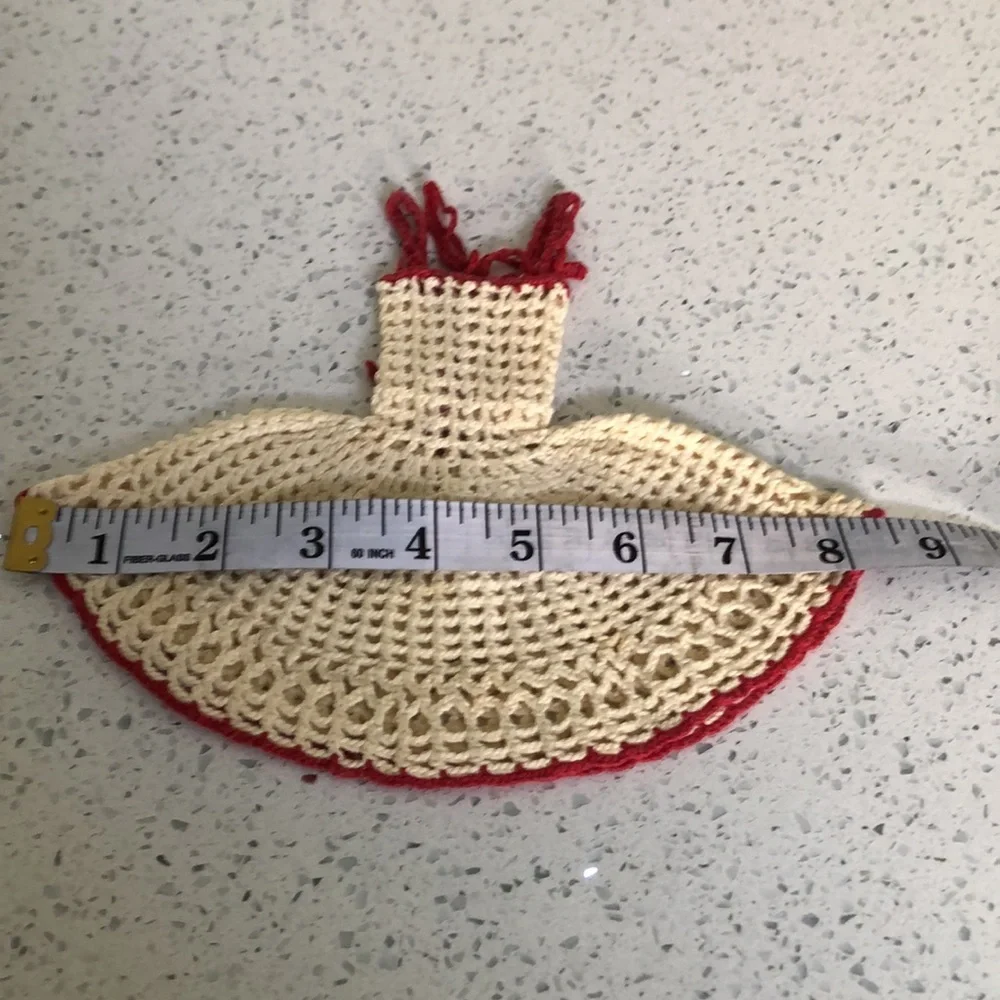 Vintage 50’s doll/kitchen hand crocheted red and cream dress